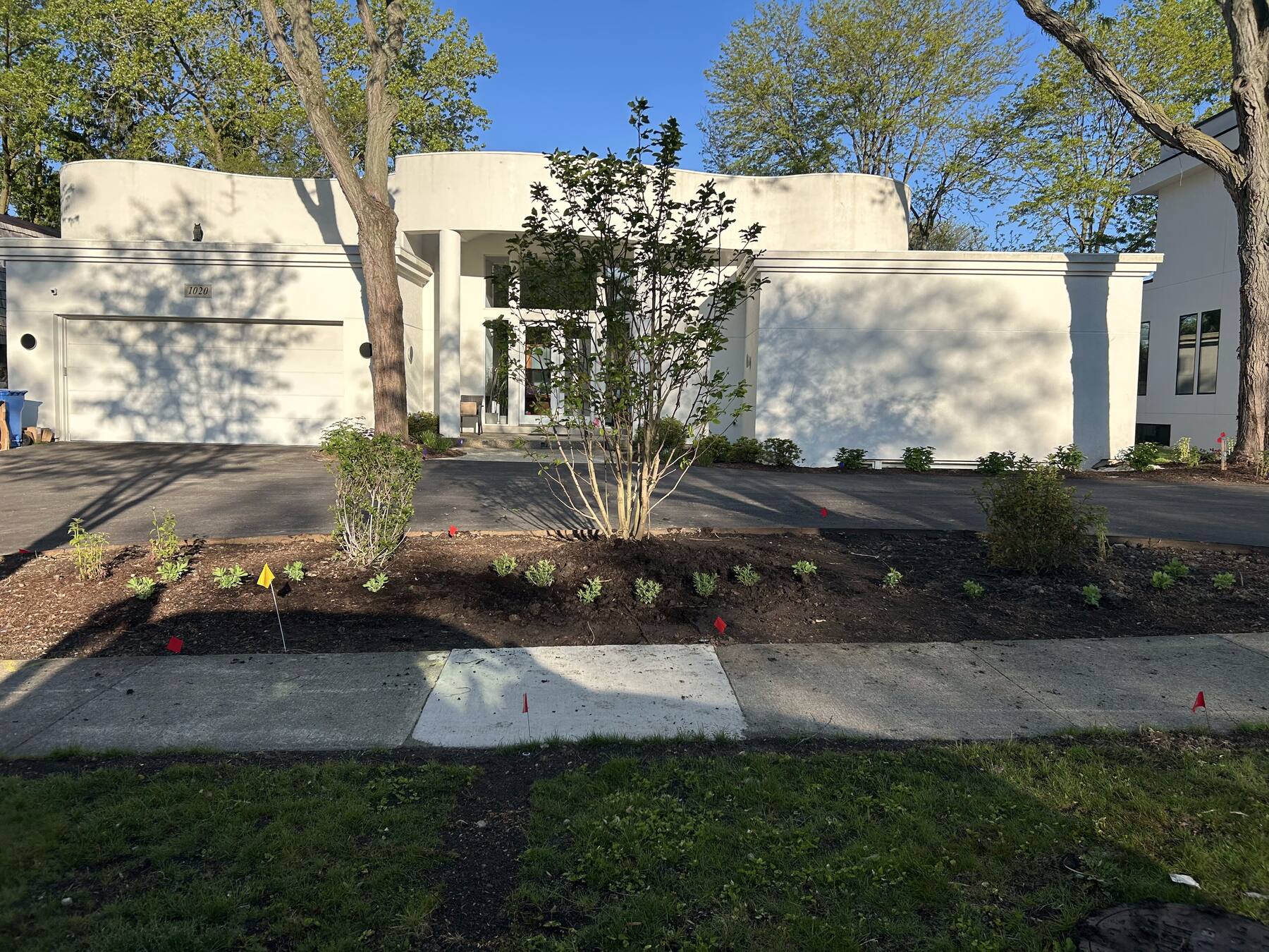 Freshly installed tree, shrub, and mulch planting bed along the front walkway of a Chicago-area home